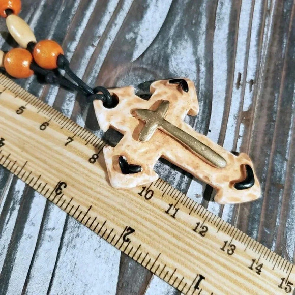Artisan Christian Cross Unglazed Clay Lt Sienna Multicolor OOAK Pendant Necklace - Picture 8 of 8